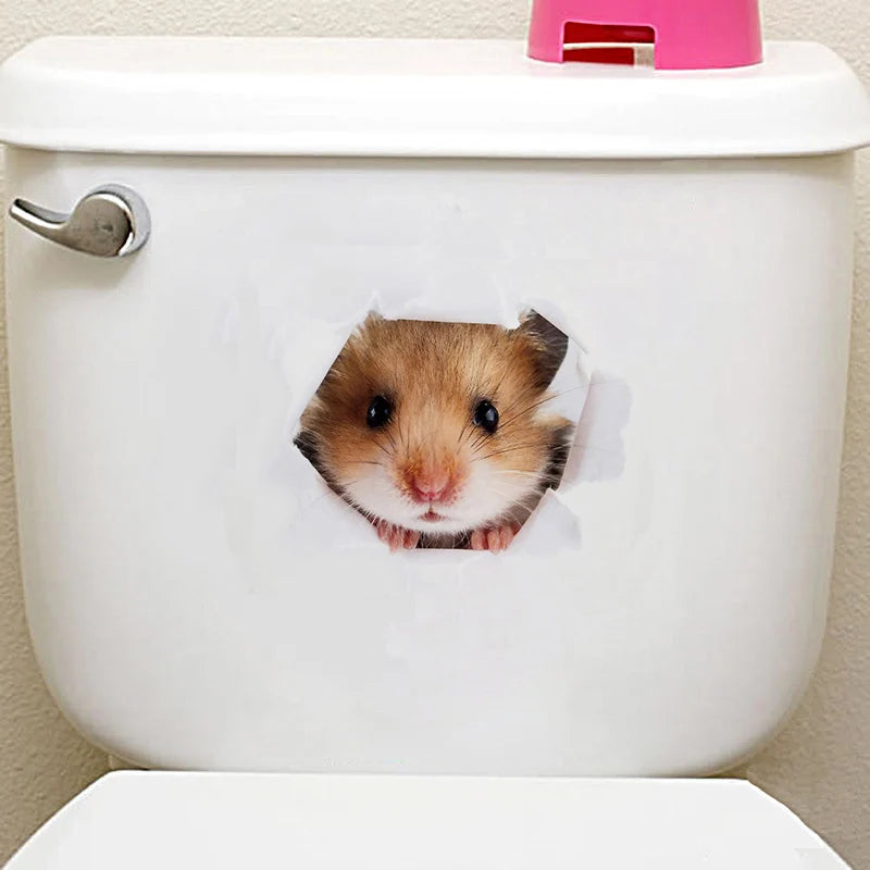 Cute Cats Wall Sticker Hole View Vivid Dogs Bathroom 3D Toilet Stickers For Home Decoration Animals Decals Self-adhesive Poster