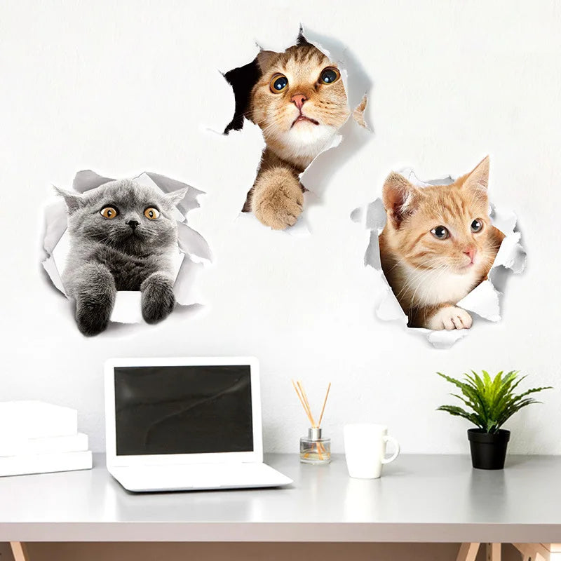 Cute Cats Wall Sticker Hole View Vivid Dogs Bathroom 3D Toilet Stickers For Home Decoration Animals Decals Self-adhesive Poster