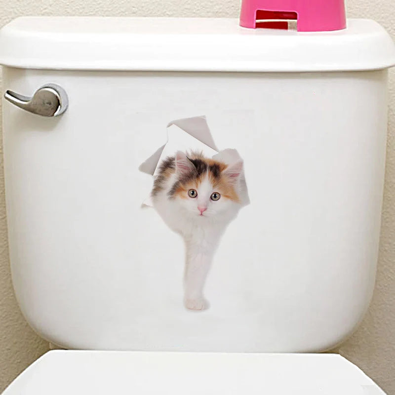 Cute Cats Wall Sticker Hole View Vivid Dogs Bathroom 3D Toilet Stickers For Home Decoration Animals Decals Self-adhesive Poster