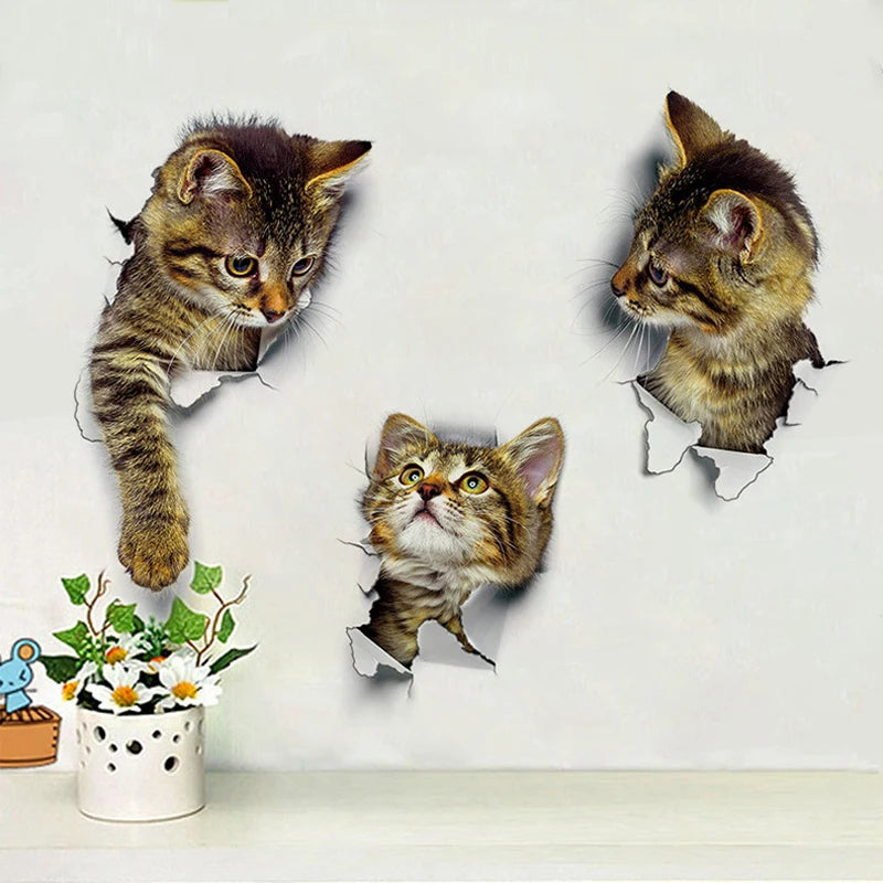 Cute Cats Wall Sticker Hole View Vivid Dogs Bathroom 3D Toilet Stickers For Home Decoration Animals Decals Self-adhesive Poster