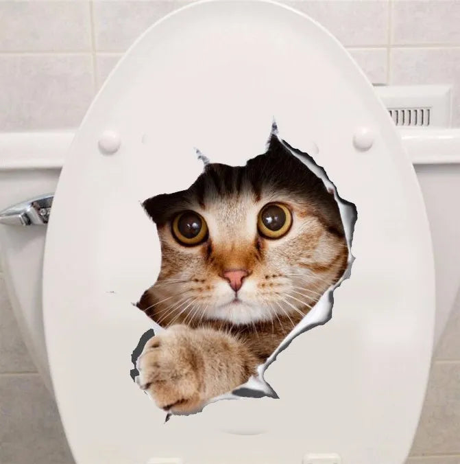 Cute Cats Wall Sticker Hole View Vivid Dogs Bathroom 3D Toilet Stickers For Home Decoration Animals Decals Self-adhesive Poster