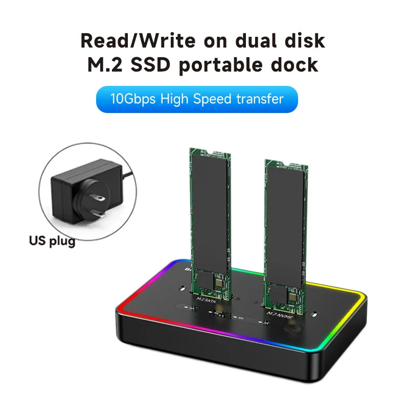 Blueendless offline clone Dual Protocol m.2 ssd case Ssd Docking Station Type C 10Gbps for PCIe NVME or sata 2 bay SSD enclosure