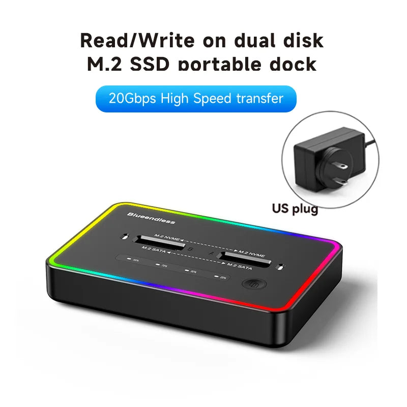 Blueendless offline clone Dual Protocol m.2 ssd case Ssd Docking Station Type C 10Gbps for PCIe NVME or sata 2 bay SSD enclosure