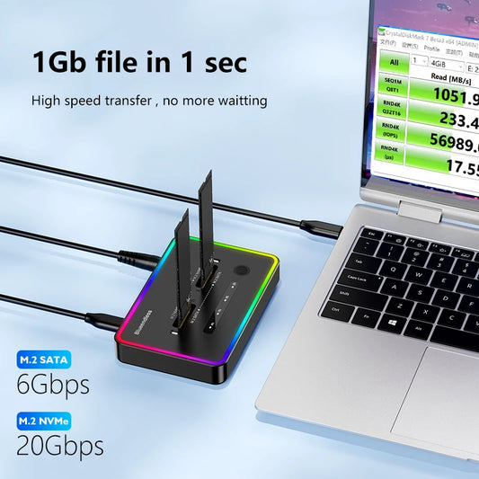 Blueendless offline clone Dual Protocol m.2 ssd case Ssd Docking Station Type C 10Gbps for PCIe NVME or sata 2 bay SSD enclosure