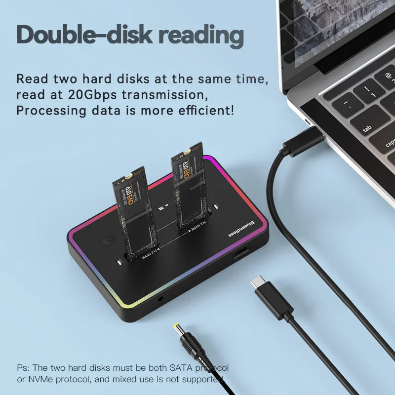 Blueendless offline clone Dual Protocol m.2 ssd case Ssd Docking Station Type C 10Gbps for PCIe NVME or sata 2 bay SSD enclosure
