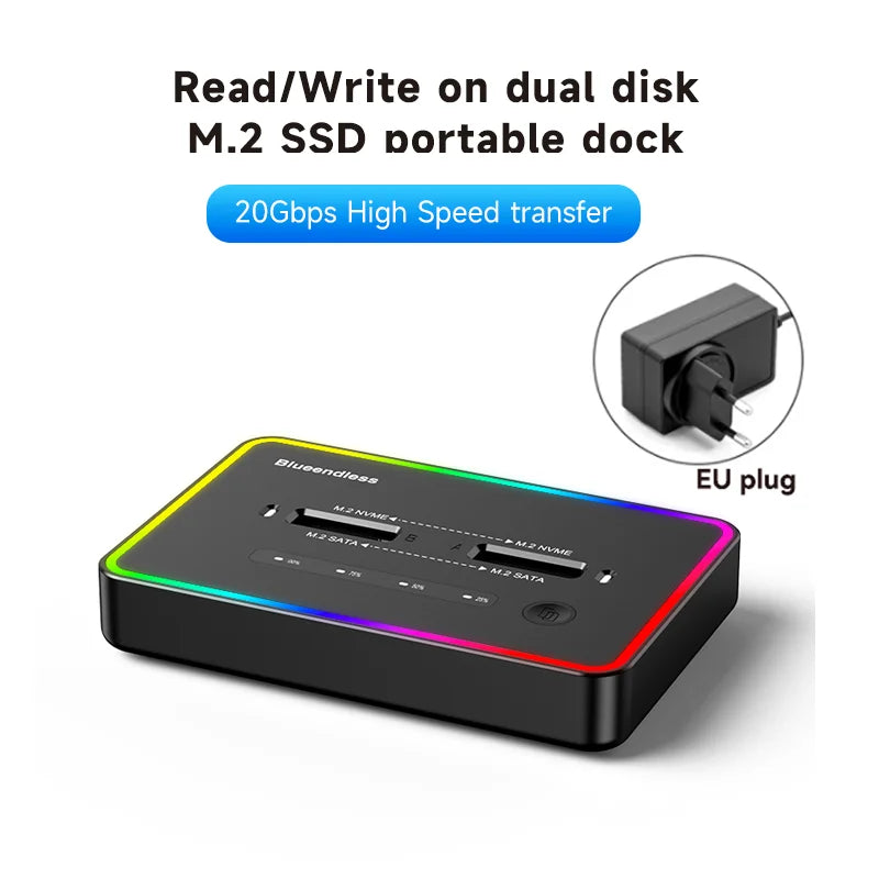 Blueendless offline clone Dual Protocol m.2 ssd case Ssd Docking Station Type C 10Gbps for PCIe NVME or sata 2 bay SSD enclosure